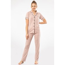 Türen Kadin Düz Kisa Kollu Gömlek Yaka Pijama Takimi 3368/PUDRA