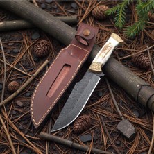 El Yapımı Damascus Bıçak Geyik Boynuzu Kabze & Gravürlü Tasarım