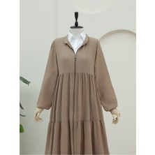 Modamorfo Boydan Fermuarlı Kolu Lastikli Parçalı Ayrobin Ferace -Vizon