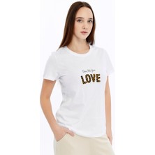 Trender Baskı Kadın T-Shirt Love Beyaz