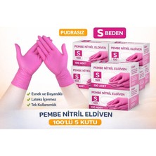NW NessiWorld Pembe Nitril Eldiven S Beden Pudrasız 100’LÜ 5 Kutu Tek Kullanımlık Dayanıklı Muayene Eldiveni Toplu Paket
