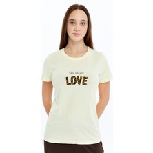 Trender Baskı Kadın T-Shirt Love Açık Sarı