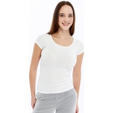 Trender Arka Çapraz Kadın T-Shirt 2606-04 Ekru