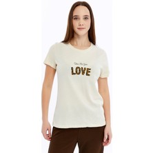Trender Baskı Kadın T-Shirt Love Bej