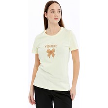 Trender Baskı Kadın T-Shirt Kurdele Açık Sarı