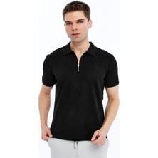 Trender Fermuarlı Polo Yaka Erkek T-Shirt 2738 Siyah