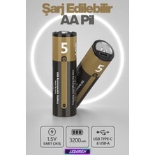L'edoren USB Type-C Şarjlı Aa Pil 1.5V | 1000+ Kez Şarj Edilebilir Lityum Pil | Kalem Pil (2’li Paket)