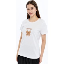 Trender Baskı Kadın T-Shirt Kurdele Beyaz
