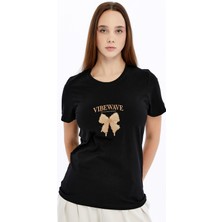 Trender Baskı Kadın T-Shirt Kurdele Siyah