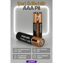 L'edoren USB Type-C Şarjlı Aaa Pil 1.5V 1000+ Kez Şarj Edilebilir Lityum Pil Kalem Pil (2’li Paket)