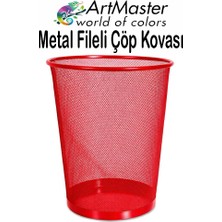 ArtMaster Kırmızı Çöp Kovası Paslanmaz Çelik Fileli 1 Adet Ofis Büro Okul Çöp Kovası Metal Delikli Kolay Kullanım