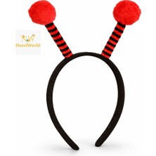 NW NessiWorld Kırmızı Siyah Uğur Böceği Antenli Taç - Çocuk Uğur Böceği Tacı Mega Ponponlu