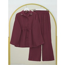 Moda Morfo Yakası Taşlı Belden Bağlamalı Pantolonlu Takım -Bordo