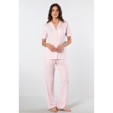 Türen Çizgili Kisa Kollu Gömlek Yaka Pijama Takimi 3355/PEMBE