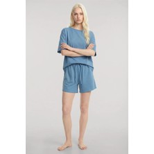 Modaserdem Akbeniz Kısa Kollu Şortlu Pijama Takımı Mavi