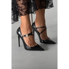 Ayakkabı Prensi Magi Taşlı Toka Detaylı Siyah Rugan Stiletto, Topuklu Ayakkabı Kadın