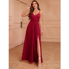 Nidam Butik Kadın Ip Askılı Kruvaze Yakalı Yırtmaçlı Uzun Ithal Krep Elbise