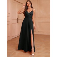 Arben Boutique Kadın Ip Askılı Kruvaze Yakalı Yırtmaçlı Uzun Ithal Krep Elbise