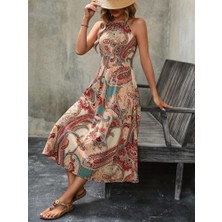 Mericline Kadın Kolsuz Boyundan Bağlamalı Beli Lastikli Dijital Baskı Süprem Uzun Elbise