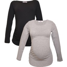 Luvmabelly Hamile Sweatshirt Seti Kadın Uzun Kol Siyah Gri Desenli Ekstra Rahat