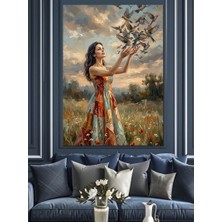 Karizma Tablo Bahçede Güvercin Uçuran Şık Kadın Dekoratif Kanvas - Mdf Ahşap Tablo