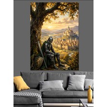 Karizma Tablo Şato Manzarasında Oturan Zırhlı Şövalye Dekoratif Kanvas - Mdf Ahşap Tablo