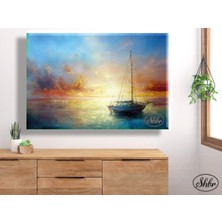 Şehber Tekli Yatay Kanvas Tablo Soyut, Yağlı Boya Dokulu, Gün Batımında Yelkenli, Dekoratif Duvar Tablosu