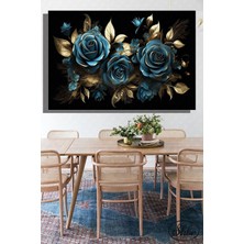 Şehber Tekli Yatay Kanvas Dekoratif Salon Yatak Odası Duvar Tablosu Altn Efektli Mavi Güller 3D