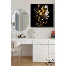 Şehber Tekli Kare Kanvas Duvar Tablosu Kuaför Güzellik Salonu Makyaj Kelebekler ve Kadın Portre