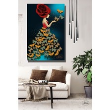 Şehber Tekli Dikey Kanvas Tablo, Gül Şapkalı, Kelebek Etekli Kadın ,dekoratif Kanvas Duvar Tablosu