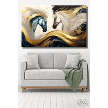 Şehber Tekli, Yatay, Kanvas, Dekoratif, Duvar, Tablosu , Atlar, Yılkı, Altın Varaklı, Illüstrasyon