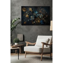 Şehber 3D Gold Efektli Turkuaz Çiçek Temalı Yatay Kanvas Duvar Tablosu Salon Mutfak Yatakodası