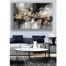 Şehber Tekli Yatay Kanvas Tablo Yağlıboya Görünümlü Gold Siyah Beyaz Soyut Kanvas Duvar Tablosu