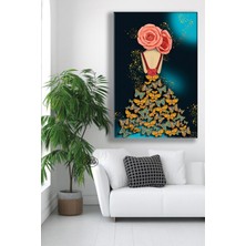 Şehber Tekli Dikey Kanvas Tablo Gül Saçlı Altın Kelebek Etekli Kadın Tasarım Kanvas Duvar Tablosu