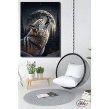 Şehber Tekli, Dikey, Kanvas, Dekoratif, Duvar, Tablosu , 3D Siyah Beyaz, Dolunay ve Kurt,