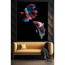 Şehber Tekli Dikey Kanvas Dekoratif Duvar Tablosu Siyah Fonda Çok Renkli Beta Çifti Akvaryum