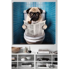 Şehber Tekli, Kare, Kanvas, Dekoratif, Duvar, Tablosu , Pug, Tuvalette Gazete Okuyan Köpek,