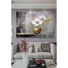 Şehber Tekli Yatay Kanvas Dekoratif Salon Yatak Odası Duvar Tablosu Gold Efektli 3D Beyaz Çiçekler