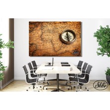 Şehber Tekli Yatay Kanvas Tablo, Dünya Haritası, Vintage Pusula, Dekoratif Kanvas Duvar Tablosu