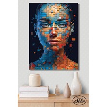 Şehber Tekli Dikey Kanvas Dekoratif Duvar Tablosu Mavi Turuncu Fonlu Kadın Portre Illüstrasyon