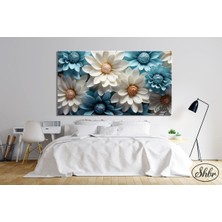 Şehber Tekli Yatay Kanvas Tablo Beyaz ve Mavi Papatyalar, 3d, Dekoratif Duvar Tablosu