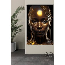 Şehber Tekli Dikey Kanvas Tablo Gold Kaplama Kadın Portresi Dekoratif Kanvas Duvar Tablosu