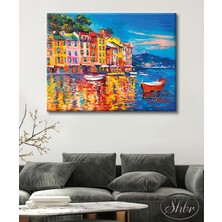 Şehber Tekli Yatay Kanvas Tablo Boğazda Gün Batımı Yağlı Boya Effektli Dekoratif Kanvas Duvar Tablosu