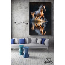 Şehber Tekli Dikey Kanvas Dekoratif Duvar Tablosu Salon Yatak Odası Kafe Ofis Koşan At Suya Yansımalı