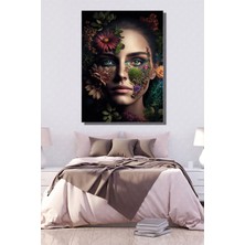 Şehber Tekli Dikey Kanvas Dekoratif Duvar Tablosu Çiçekli Kız Portre Moda Illüstrasyon