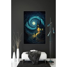 Şehber Tekli, Dikey, Kanvas, Dekoratif, Duvar, Tablosu , Dolunay, Gece, Sokakta Evin Önünde Çocuk,