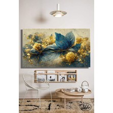 Şehber Tekli, Yatay, Kanvas, Dekoratif, Duvar, Tablosu , Elegans, Mavi Yapraklı Sarı Çiçekler,