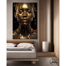 Şehber Tekli Dikey Kanvas Tablo Sıvı Altın Tasarım Kadın Portresi Dekoratif Kanvas Duvar Tablosu