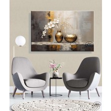 Şehber Tekli Yatay Kanvas Tablo Gold Effekt Beyaz Çiçekler 3D Görünümlü Dekoratif Kanvas Duvar Tablosu