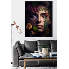 Şehber Tekli Dikey Kanvas Dekoratif Duvar Tablosu Siyah Fonda Çiçekli Kadın Illüstrasyon